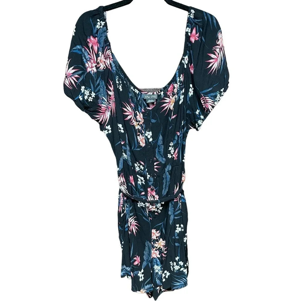 City Chic Black‎ Floral Palm Button Front Off the Shoulder Romper Plus Size 24